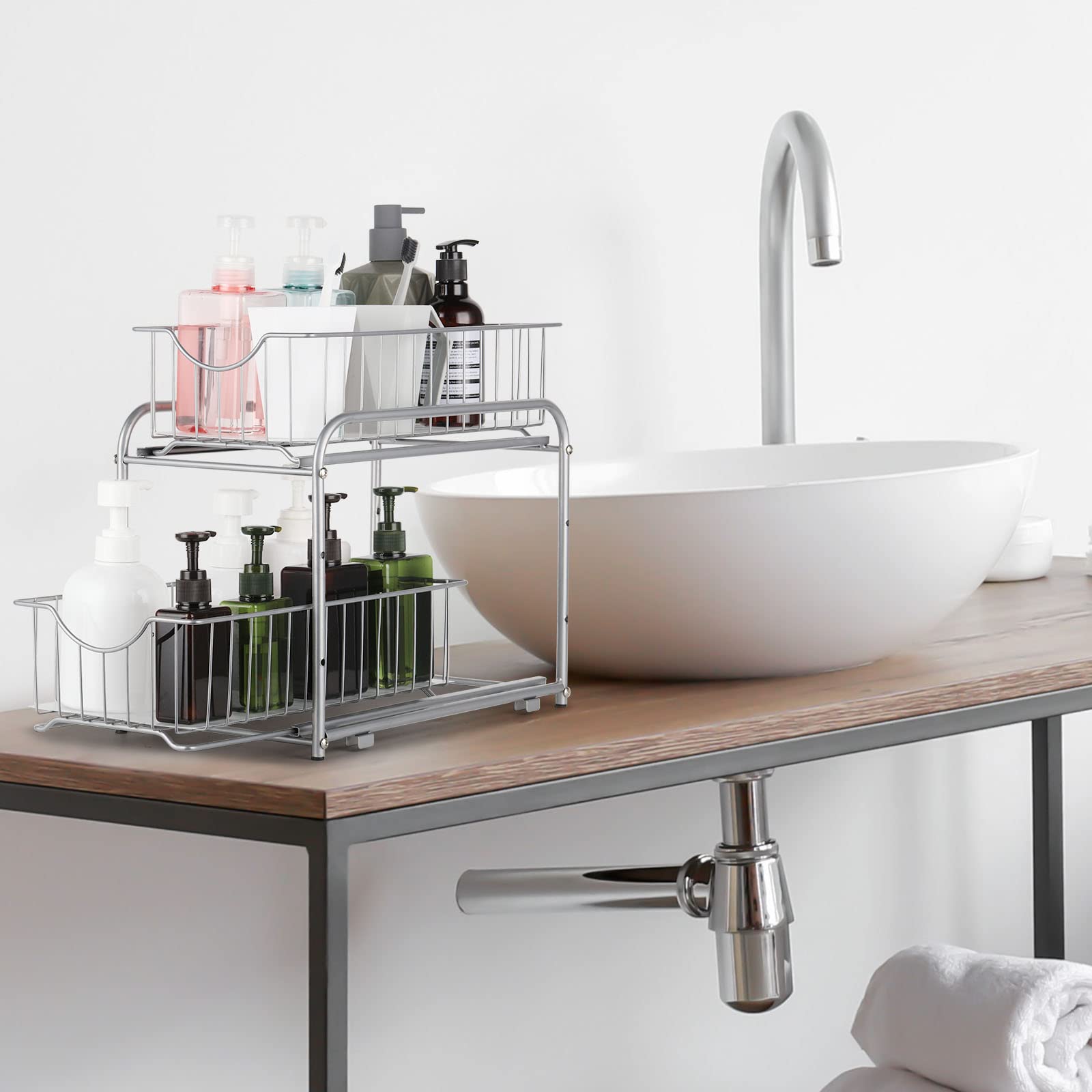 Unterwaschbecken-Organizer mit verschiebbarer Aufbewahrungsschublade, 2-stöckiger ausziehbarer Schrank-Organizer, Badezimmer-Unterwaschbecken-Organizer und Aufbewahrung, 2er-Pack, Silber