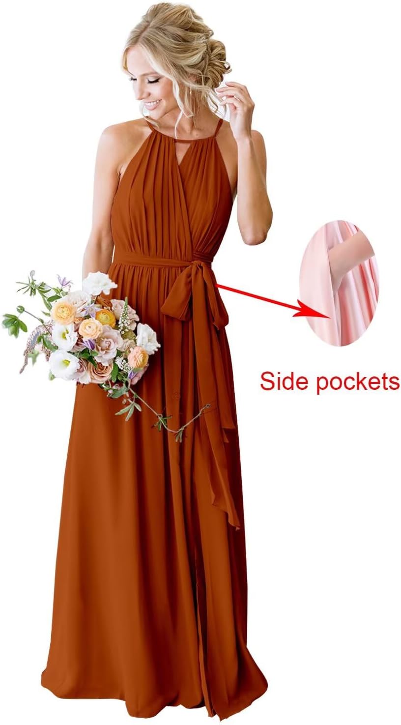Women's Halter Long Bridesmaid Dresses with Pockets Pleated Chiffon Formal Evening Party Gown - Image 5