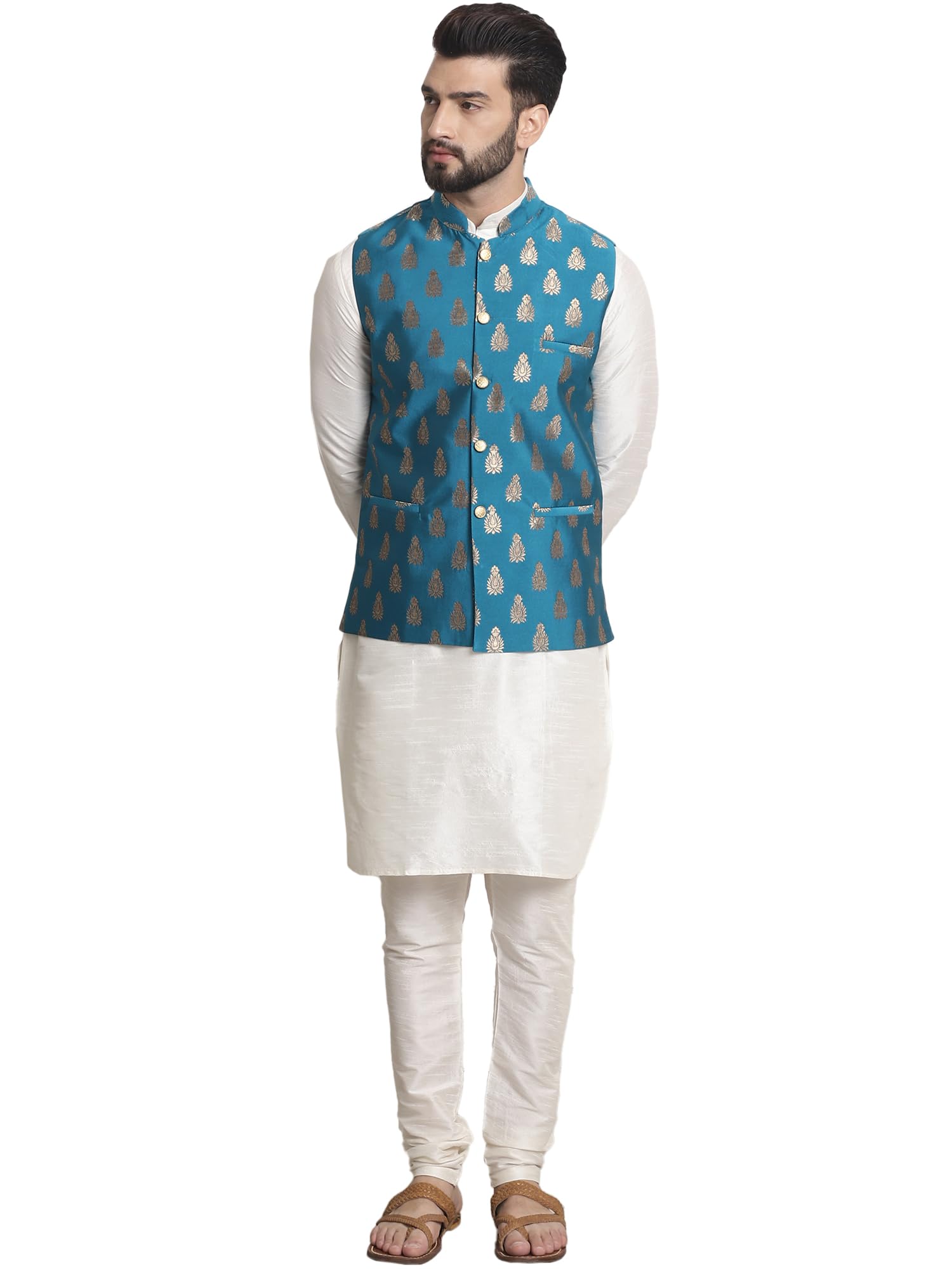 (Since 1958 Men's Silk Blend Kurta Pyjama & Embroiderd Nehrujacket Combo-image-27