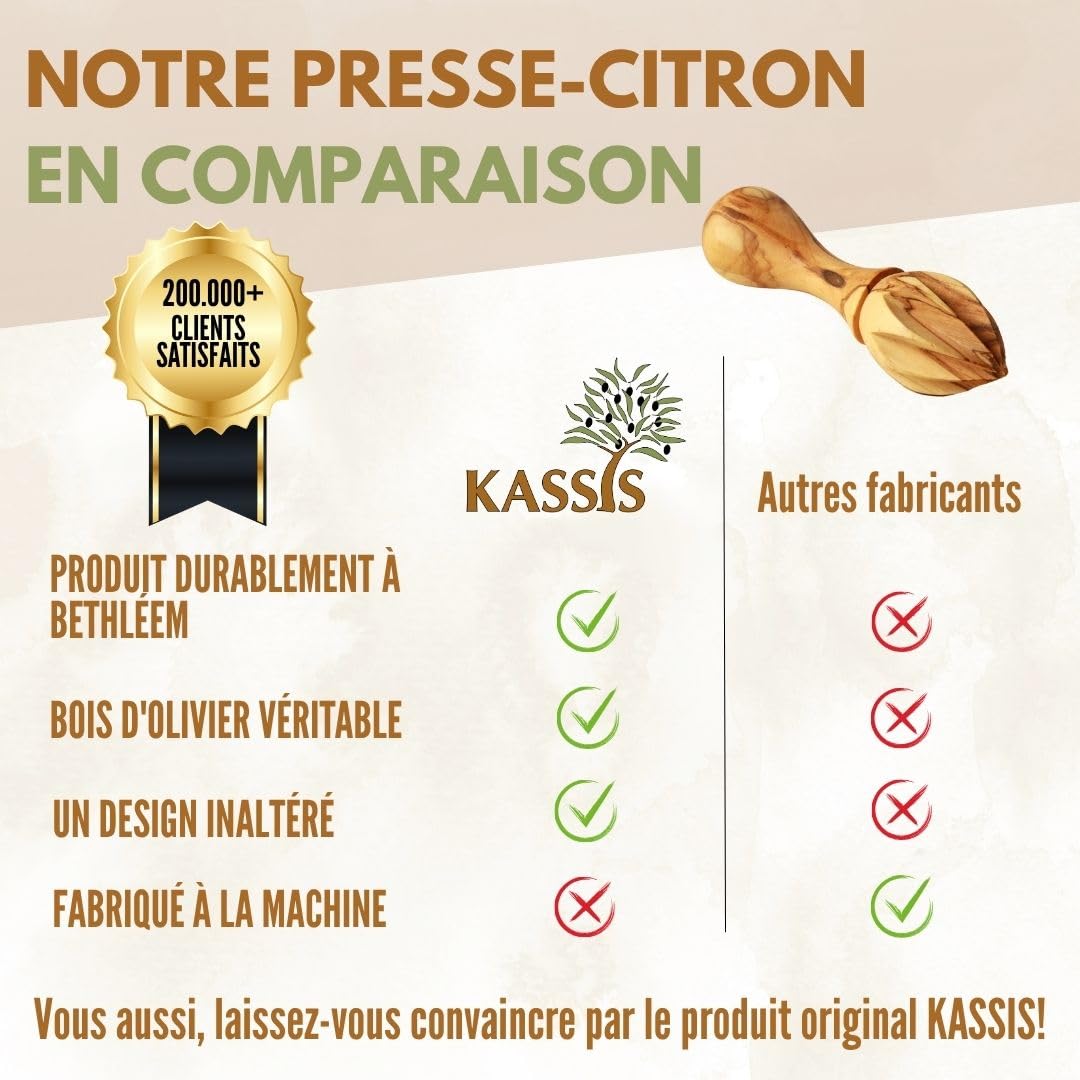 KASSIS Presse-agrumes en bois d'olivier - Jus frais - Presse-lime et orange artisanal 14 cm
