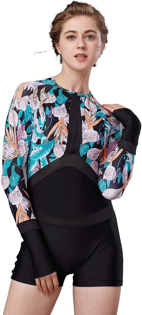 FOCLASSY Swimming Costume Ladies Sports Swimsuit One Piece Long Sleeves Plus Size Zip Front Push Up Athletic Swimwear with Chest Pad-10129 (10143 Flower, M/UK 6-8)