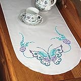 Fairway Needlecraft 18269 Dresser Scarf, Cross Stitch Butterfly Design, White, Perle Edge