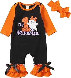 Noubeau Baby Boys Girls Halloween Outfit My 1st Halloween One-Piece Romper Hooded Jumpsuit Striped Pumpkin Bodysuit Clothes