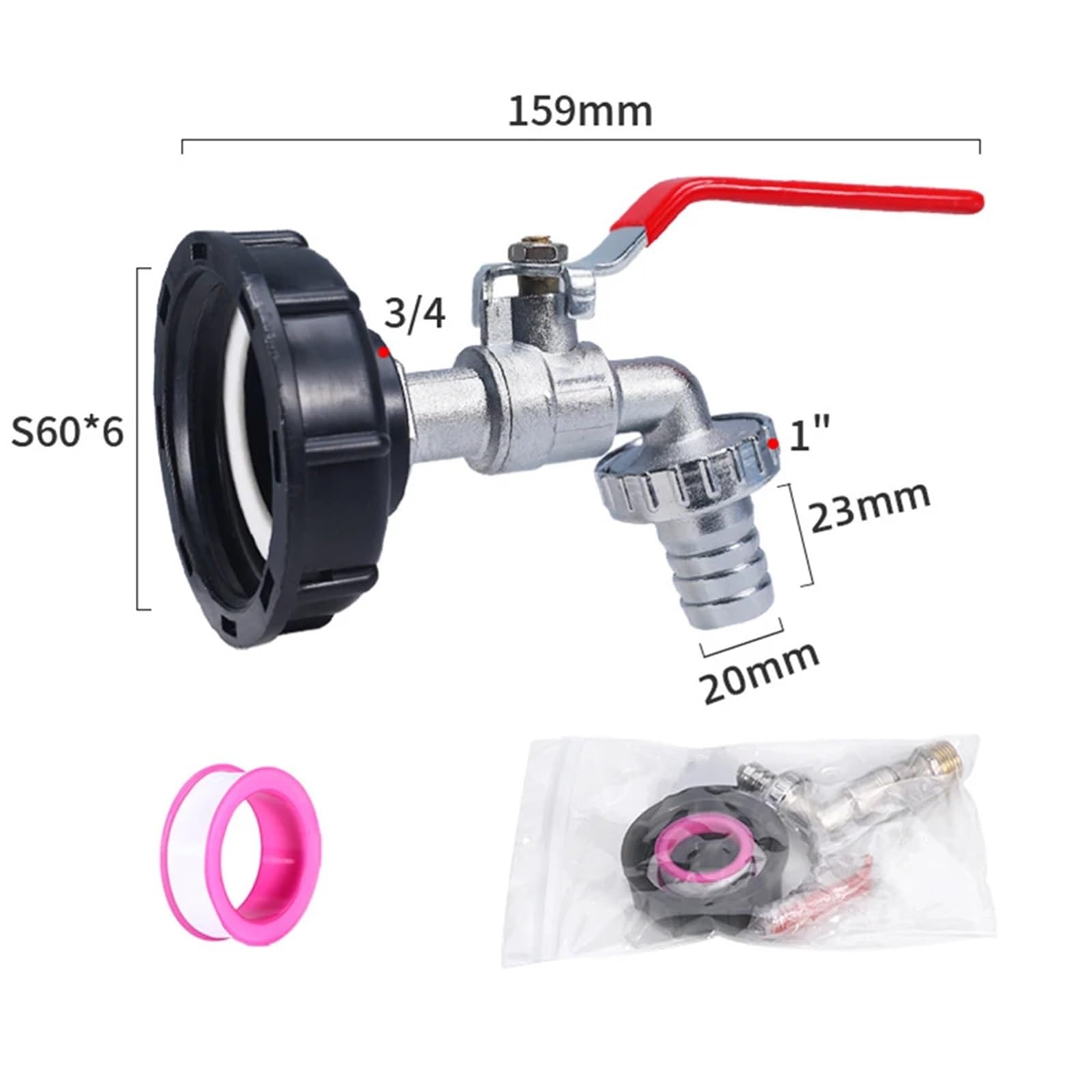 IBC - Adaptador de grifo de tanque -S60X6, rosca gruesa, grifo de conexión rápida para mangueras de 3/4 pulgadas, válvulas de conector de latón (aleación)