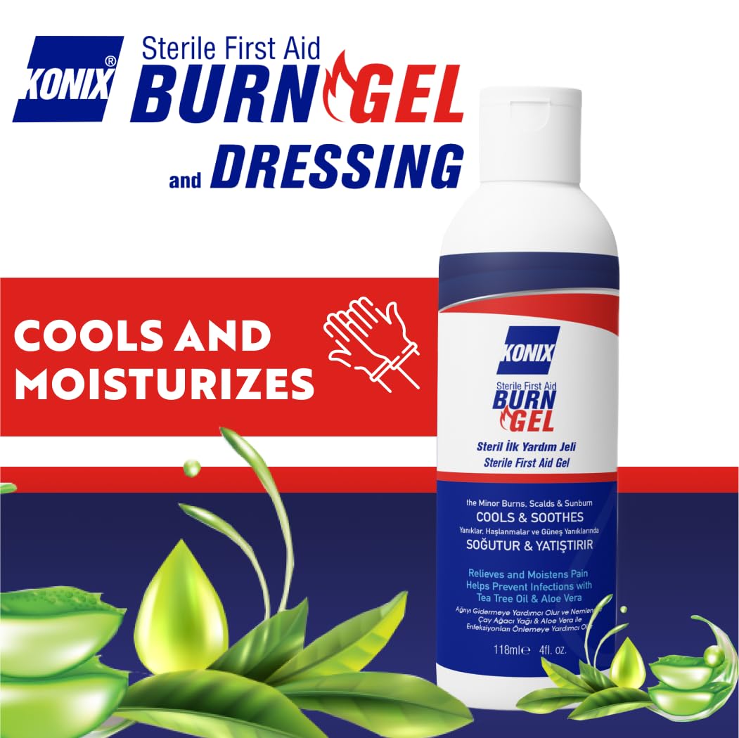 KONIX Sterile Erste-Hilfe-Verbrennungsgel Fast Relief Schutz Schnellhilfe-Gel für alle Arten von Brandverletzungen geeignet für alle Hauttypen Melaleuca, Aloe Vera 118 Ml