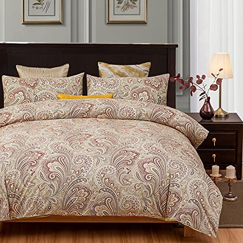VM VOUGEMARKET Gold Duvet Cover Set King with Paisley Prints,100% Sateen Egyptian Cotton 3 Pieces Boho Damask Medallion Bedding Set,Luxury Elegant Duvet Cover with Button Closure-King,Golden
