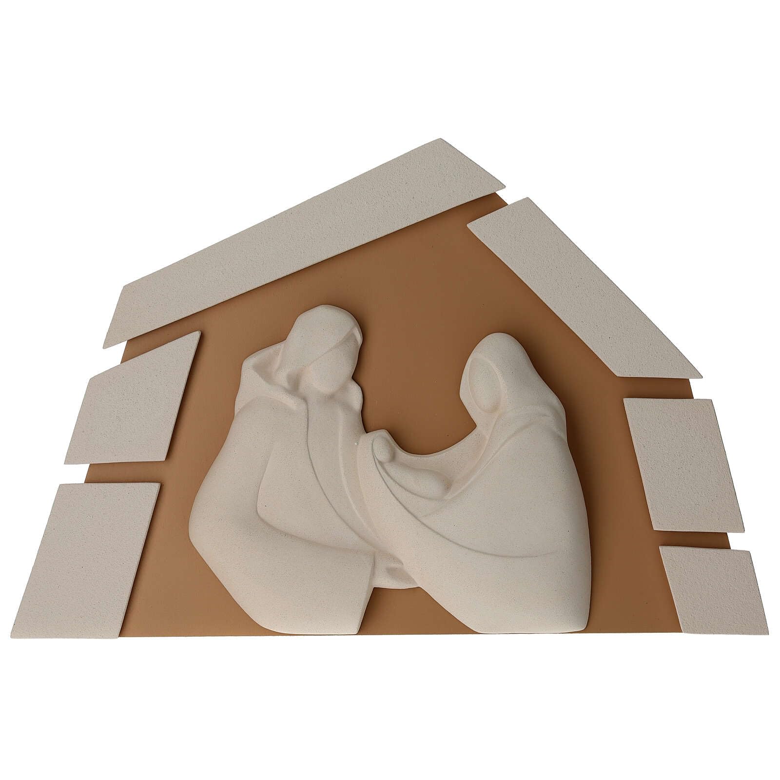 Holyart Nacimiento: Cuadrito Sagrada Familia Armonía cabaña Avellana Arcilla refractaria Cerámica Centro Ave 70x45 cm