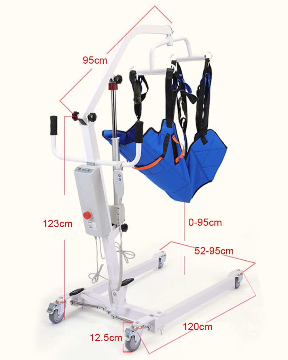 Grúa de Traslado Eléctrica Profesional para Pacientes y Ancianos, Sistema de Elevación de Acero al Carbono, Carga 150kg, Incluye Arnés para WC y Parada de Emergencia, Ideal para Cuidado en Cas