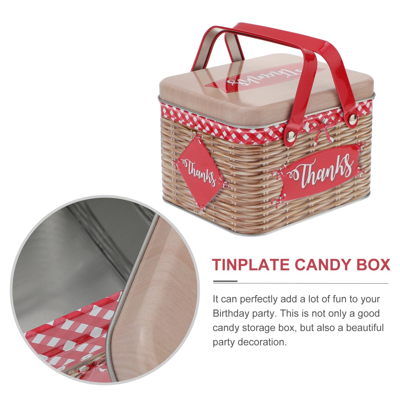 Boîte En Fer Rouge Avec Poignée En Imitation Rotin, Idéale Pour Stockage De Biscuits, Bonbons Et Petits Objets, 15.5 X 12.8 X 10.6 Cm