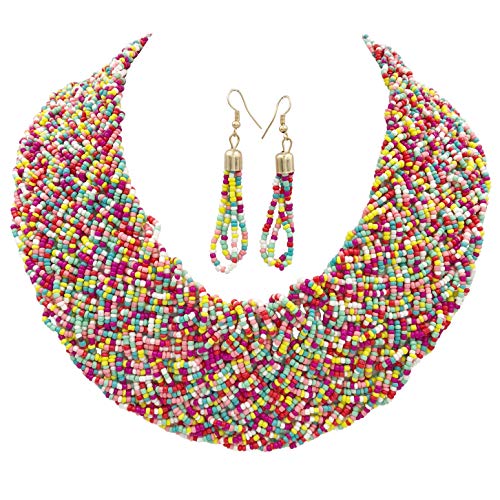 Gypsy Jewels Wide Braided Seed Bead Multi Strand Statement Necklace & Earrings Set (Multi Color 2)
