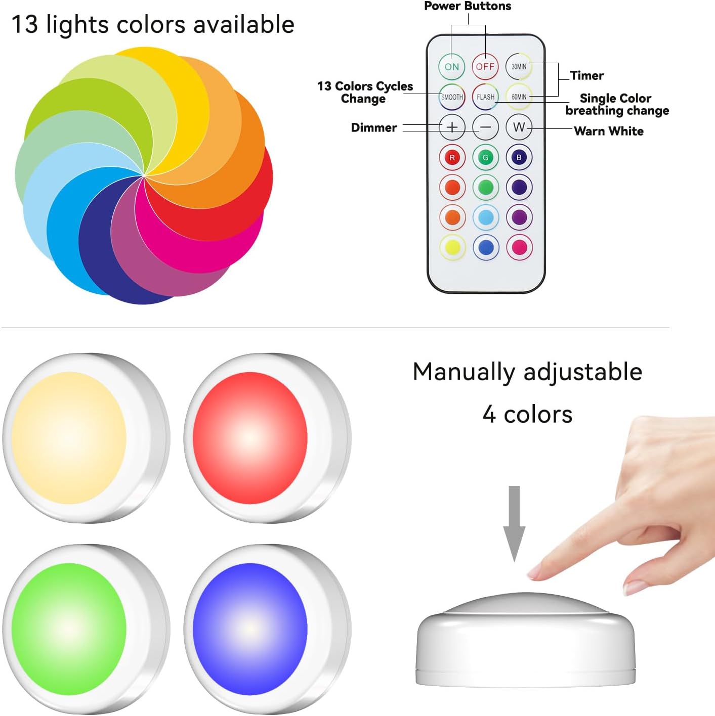 SEMSMOKS Puck Lights with Remote Control, Battery Operated LED Push Light Wireless, 13 Color RGB - for Closet, Bedroom Wall, Under Cabinet, Battery Powered Puck Lights. Convenient 3M Stick On, 6 Pack
