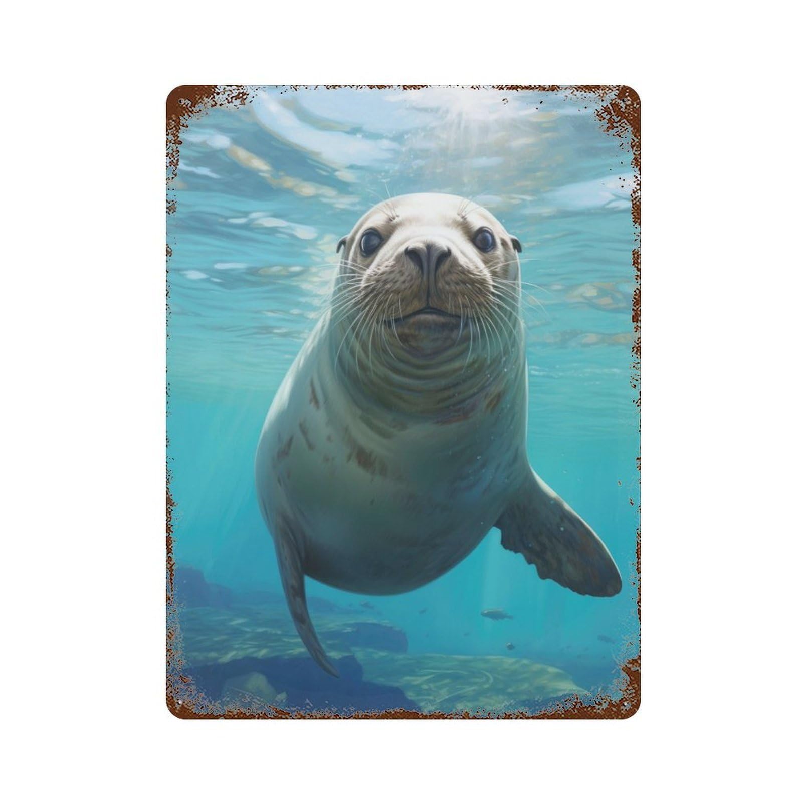 Sea Lion Friend Vintage Wall Sign 15.7"x11.8", Rust Effect Metal Decor for Office, Studio And Wall Decor