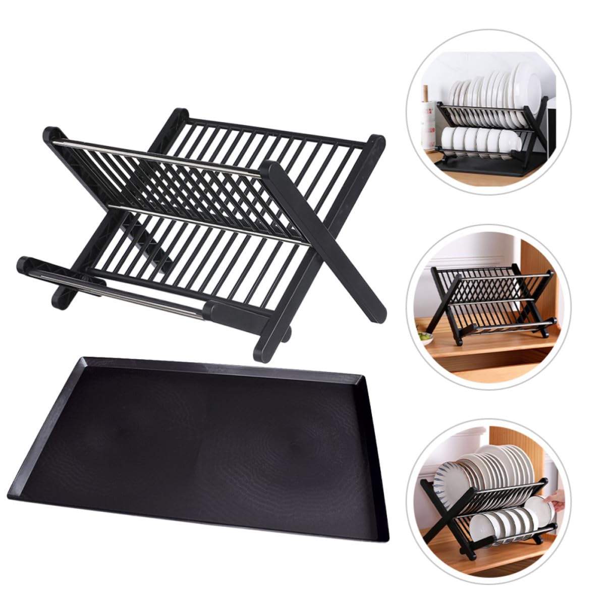 USHOBE Escurreplatos Plegable Negro de Pp y Acero Inoxidable, Compacto y Fácil de Almacenar para Cocina y Restaurante, Soporte Práctico para Organizar Platos