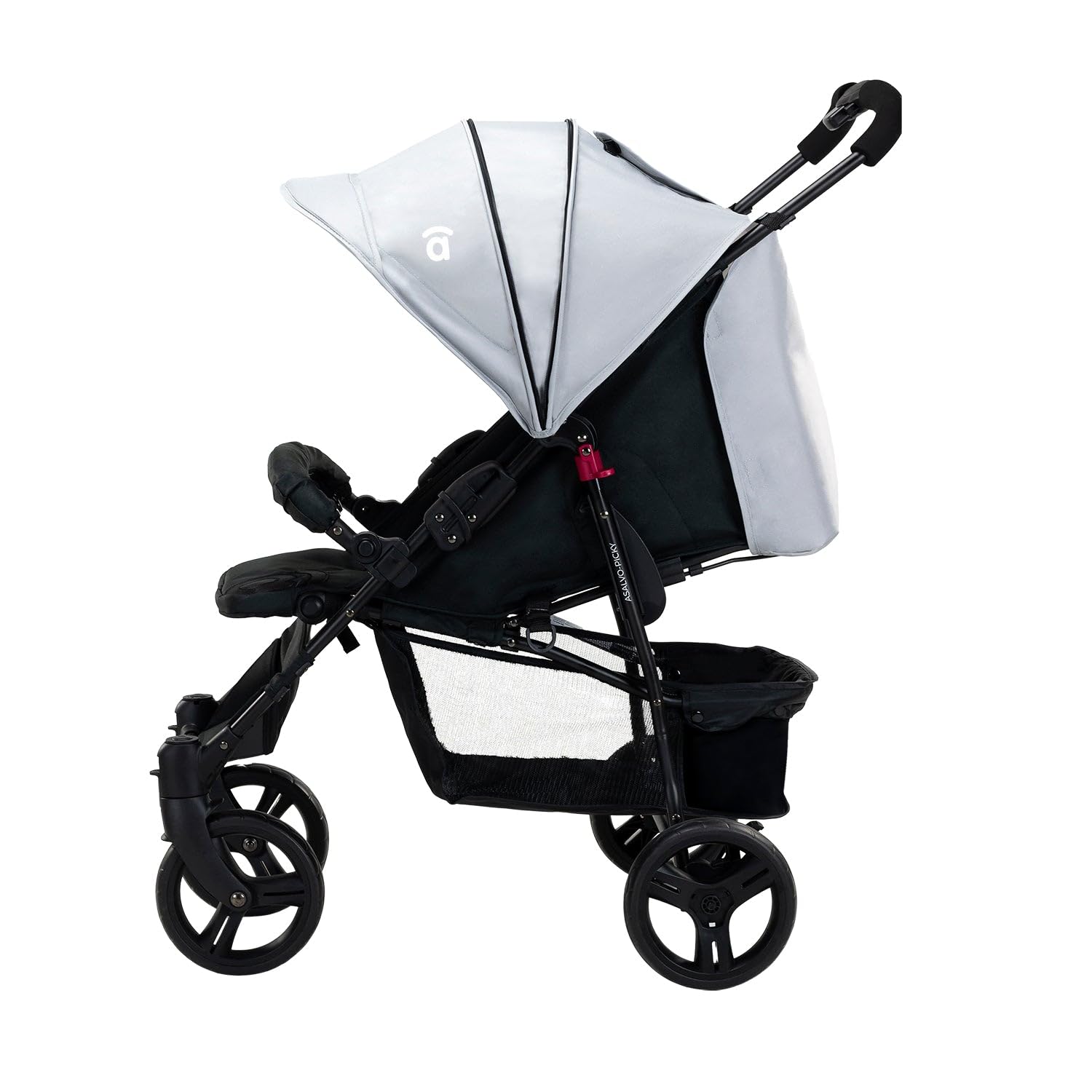 Asalvo PICKY Silla de paseo, Carrito bebé, Carro para bebés, Confortable, Segura, Capota con Ventana, Freno Trasero, Maniobrable, Plegado compacto, Carga máxima 16 kg, Gris