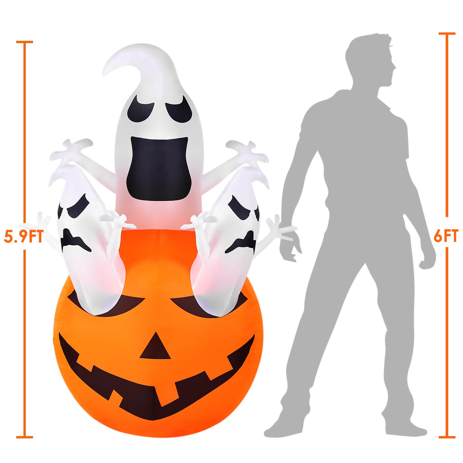 Jugana 5.9FT Halloween Inflatable Pumpkin, Blow Up Decorations Outdoor White Ghost Pumpkin with Build-in LEDs for Halloween Party, Home, Holiday, Yard, Lawn (Halloween Inflatable Ghost Pumpkin)