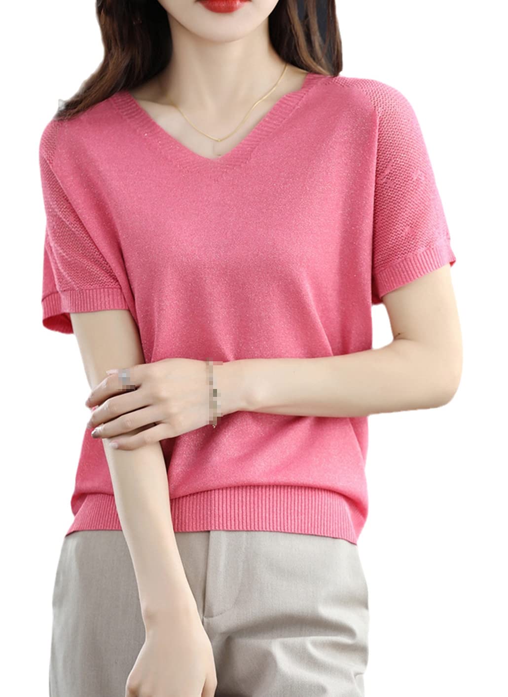 SaoBiiu Maglietta da donna estiva maglione lavorato a maglia manica corta casual allentato signore top scollo a V Tees Overside Hollow Pullover camicetta