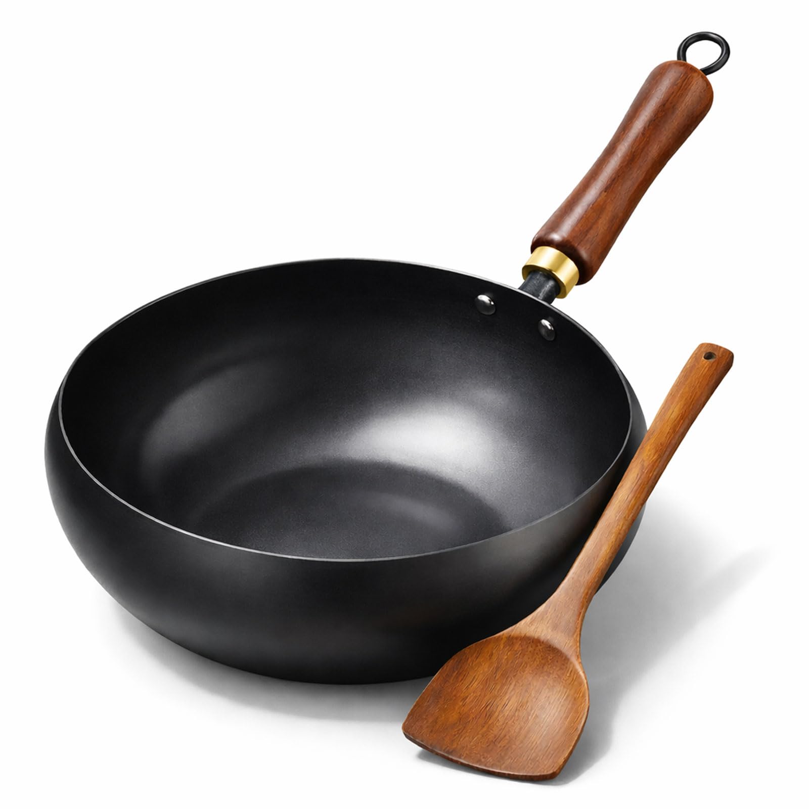 Big Belly Iron Wok - głęboka patelnia w stylu japońskim z drewnianą pokrywką, azotowana, odporna na rdzę, niepowlekana, nieprzywierająca, zawiera drewnianą szpatułkę (28 cm)