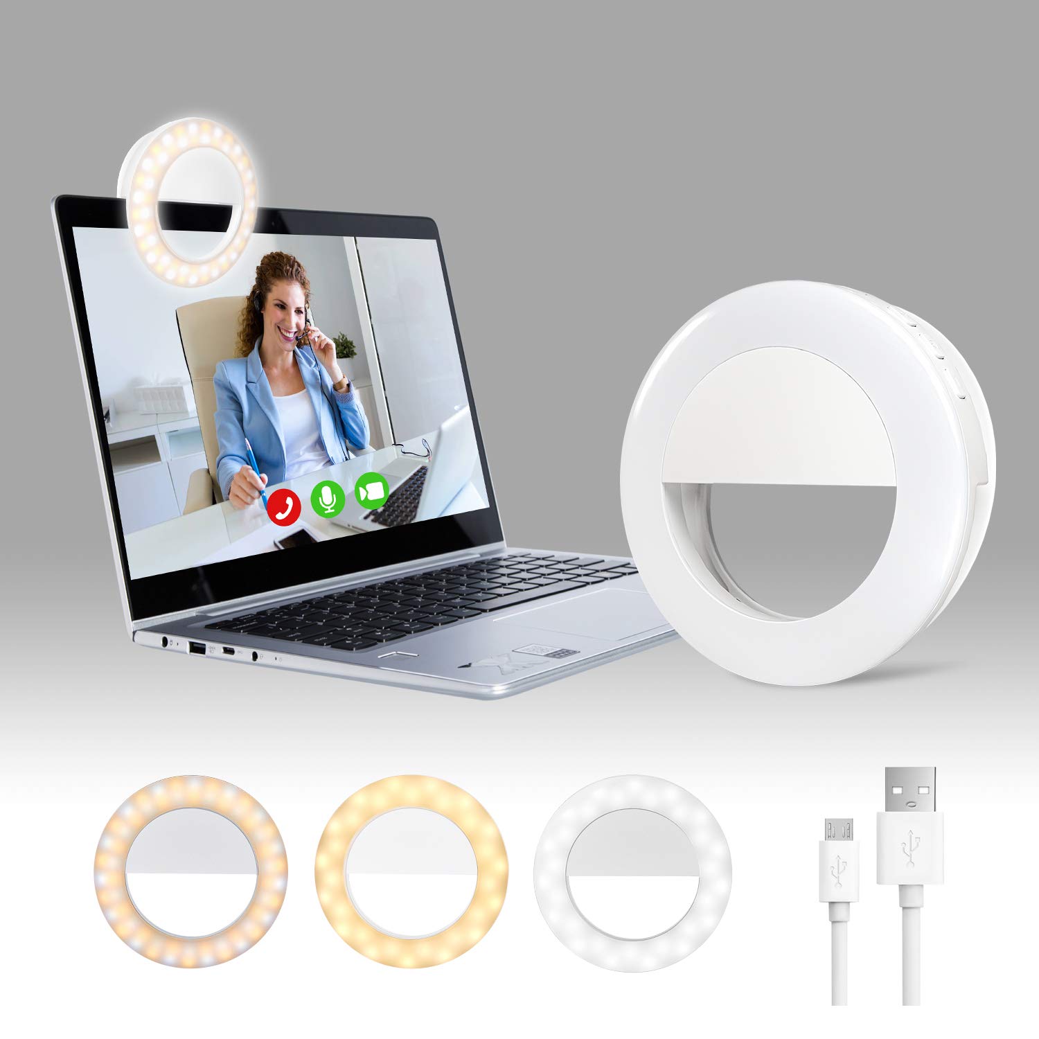 Clip-On Selfie Ring Light Long Battery Life, Use Up to 2-Hours | Clip to Mobile Devices for Video Conferences, Selfies, Photography, Makeup | Double LED Bead Light for White/Yellow Brightness