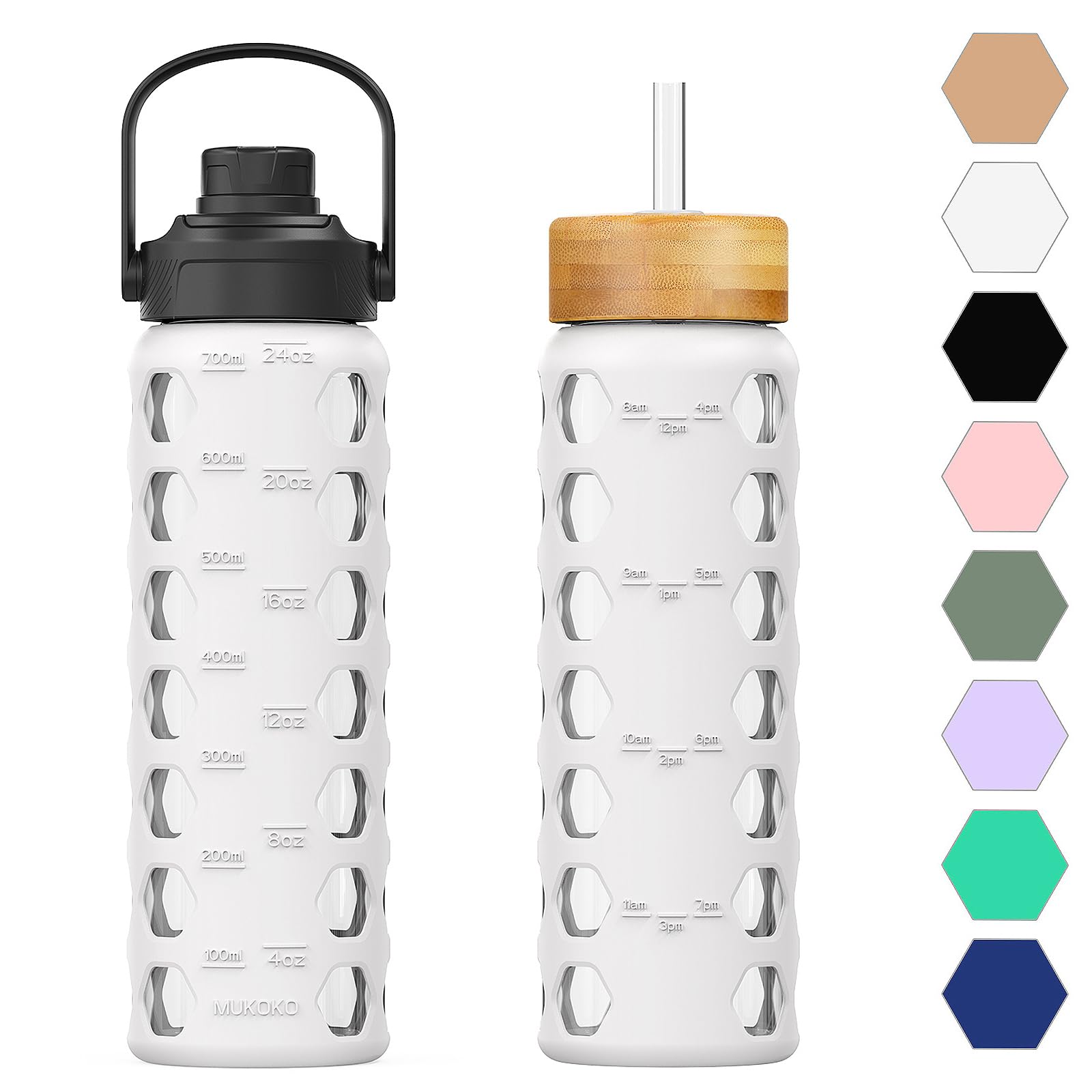 HYDRAGLAZIC 700ML Glass Water Bottle with 2 Flip and Bamboo Straw Lids Sports Water Tumbler with Time Reminder and Silicone Sleeve Leak-proof BPA Free