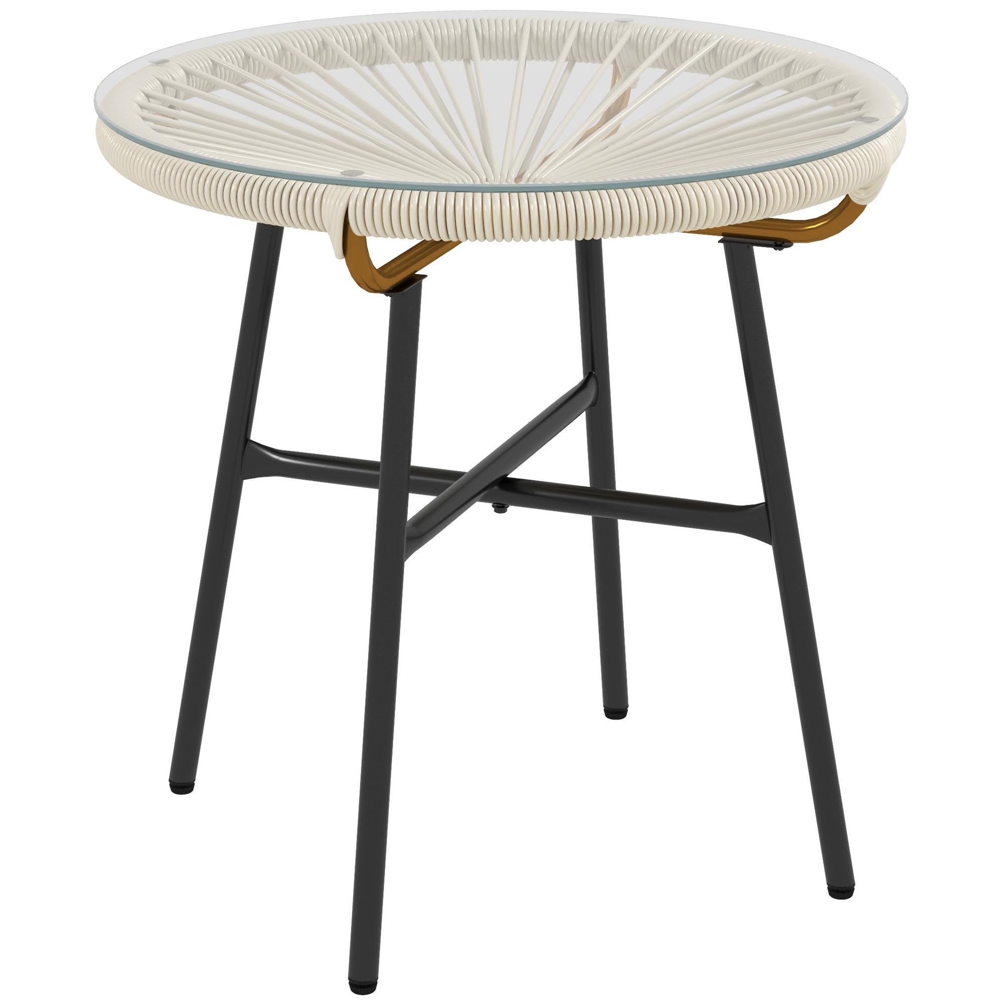 Outsunny Mesa de Jardín de Ratán Sintético Mesa de Centro Redonda para Exteriores con Tablero de Vidrio Templado y Patas de Metal para Patio Balcón Ø50x50 cm Crema