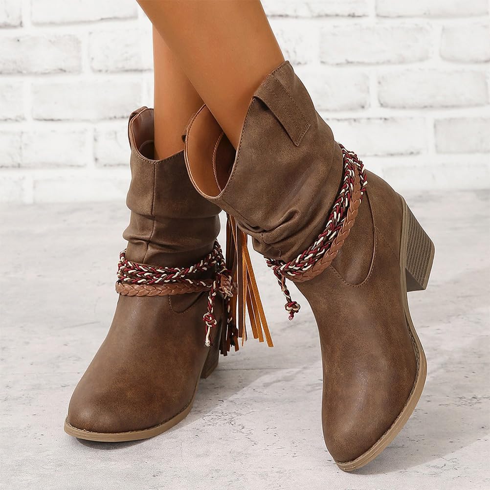 Bottes Femmes de Cowboy Motard Suède Vintage Loisir Bottines Bloc Talon