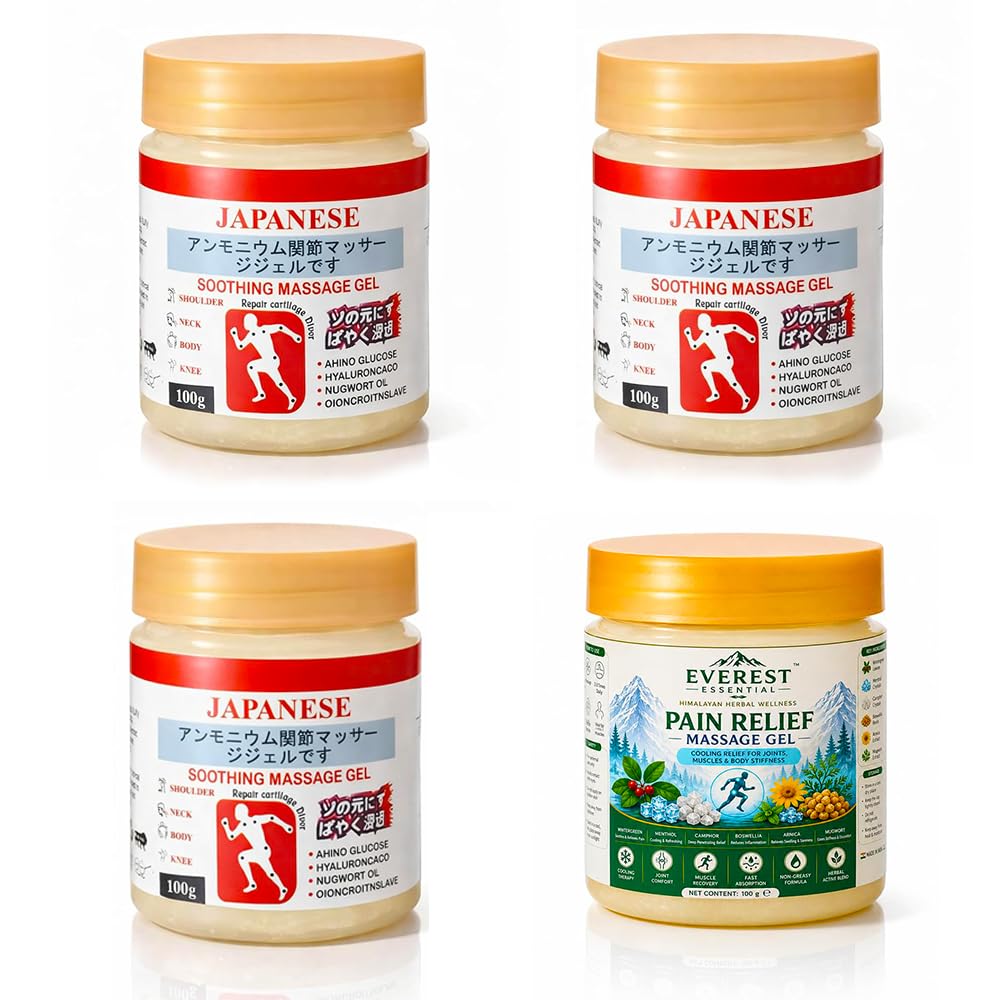 Japanese Pain Relief Massage Gel with Arnica & Camphor | Fast Cooling Relief for Joint & Muscle Pain | Non-Greasy Herbal Gel for Back, Knee & Shoulder | 400g (Pack of 3+1 Free)