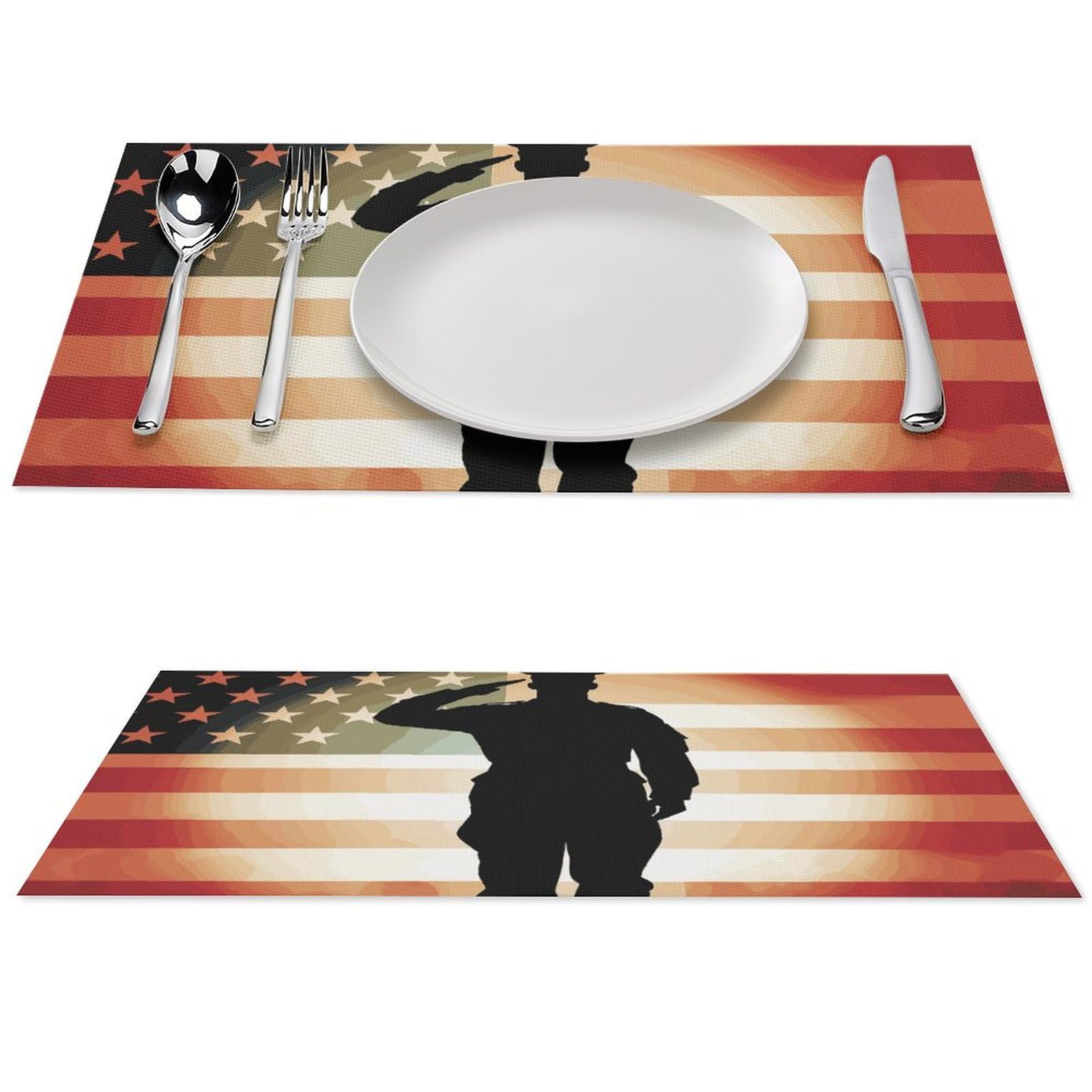 Soldier Saluting America Flag Tovagliette all'americana 6 tovagliette in PVC, lavabili, resistenti al calore, antiscivolo, impermeabili, set di tovagliette per interni ed esterni, tavolo da pranzo in