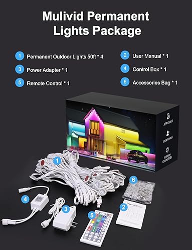 Miniatura 7 de Luces permanentes para exteriores de 200 pies para casa, luz RGB para casa de Halloween al aire libre con control remoto de aplicación, IP67