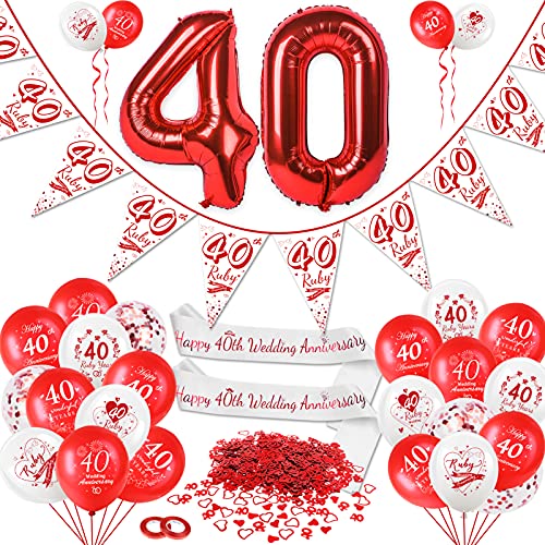 DPKOW 40 Anni di Matrimonio Decorazioni Nozze d'Rubino, 40 Anniversario Matrimonio Palloncini Sash Nozze d'Rubino, 40 Anniversario Matrimonio Bandierine Striscione, Rosso Cuore Numero 40 Coriandoli