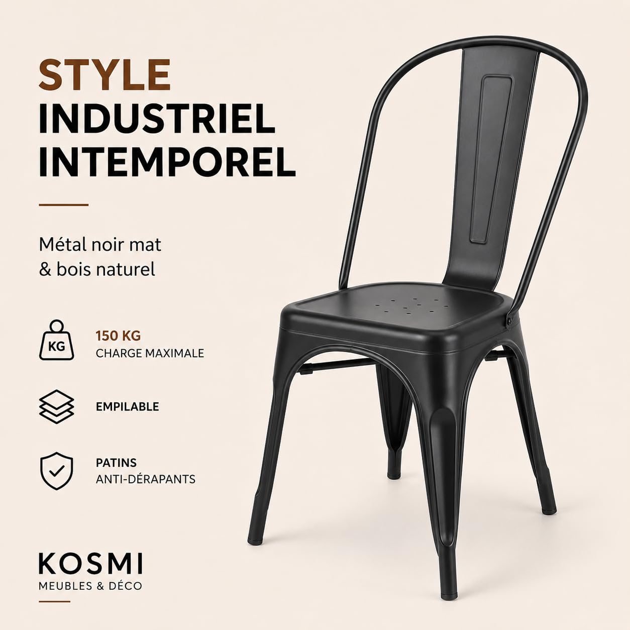 Kosmi Lot de 4 Chaises Industrielles Métal Noir Mat – Chaises de Salle à Manger Empilables – Style Loft Vintage – Cuisine, Salon, Bureau, Restaurant – Structure Acier Robuste