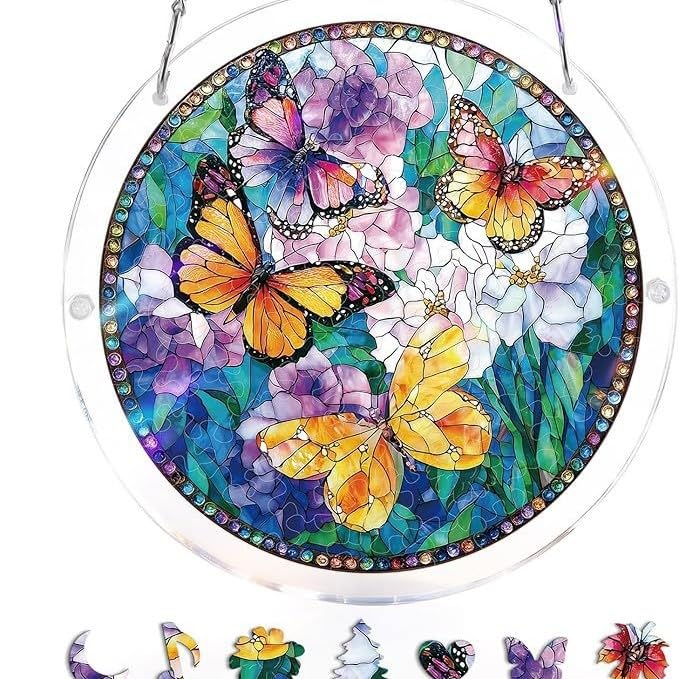 Acrylic Puzzles Suncatcher Window Hanging, DIY Sun Catcher Kits for Doors Garden, Suncatchers Stained Glass Acrylic Puzzle Decoration for Women Men Mom Birthday Gift Home Decor (color E)