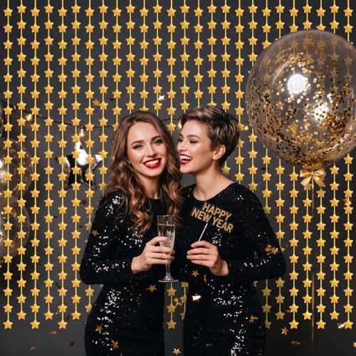 Image of TONIFUL Gold Star Foil Fringe Curtains 2 Packs 3.3 x 6.6 ft Metallic Tinsel Streamers Backdrop with Star Cutouts for Birthday Graduation New Year Anniversary Baby Shower Party Decorations
