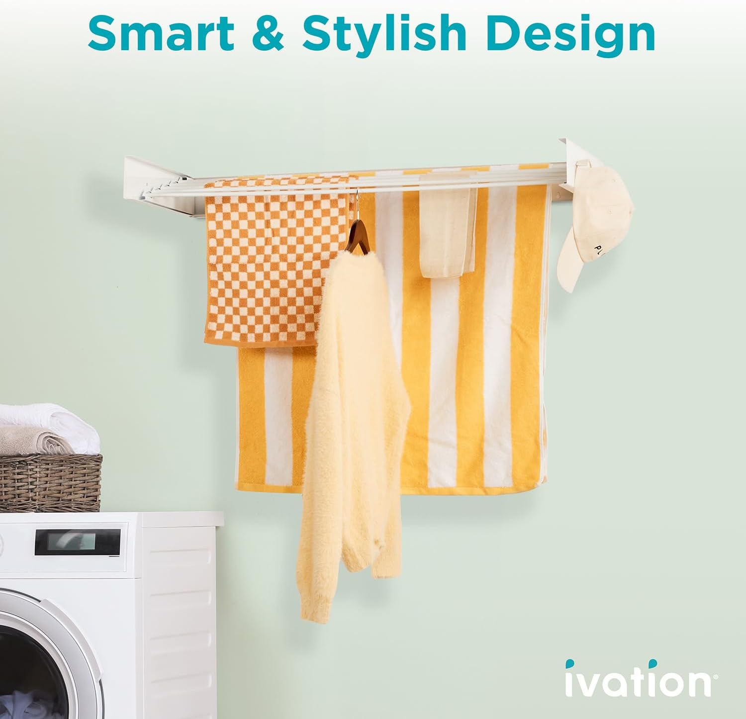 Ivation Retractable Wall Mounted Clothes Drying Rack, 40" Foldable Laundry Drying Rack for Clothing | Collapsible Space-Saving Design & 5 Rods | Easy Installation with Hardware & Wall Template (White)