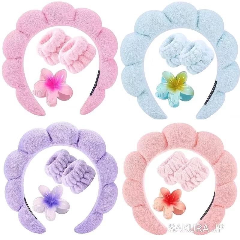 Kit Tiara de Skincare com Pulseiras Anti-Água e Presilha Flor – 3 Peças