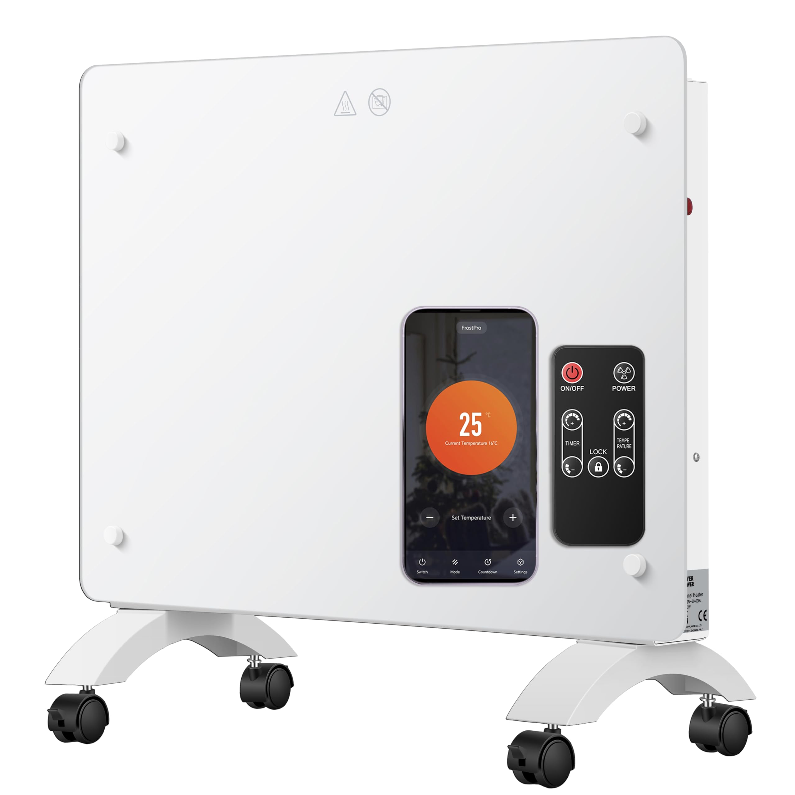 DONYER POWER 1000W Small Convector Heater, Ultra-thin Wall-mounted or Freestanding, 24H Timer Remote Controlled Operated with WIFI Connection, Ultra-white Glass Panel