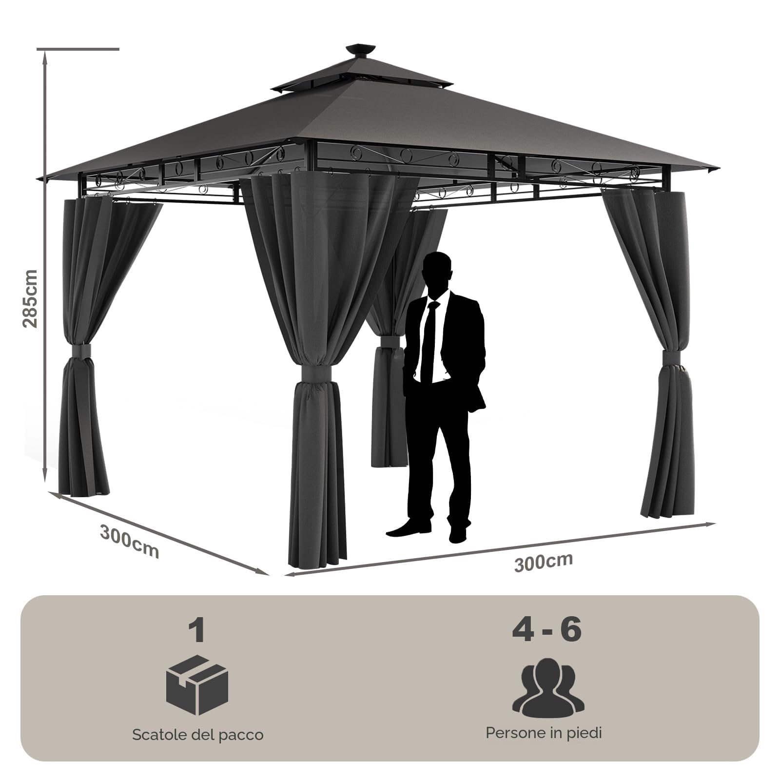 Devoko Gazebo 3x3m con Luce LED Impermeabile UV50+ Doppio Tetto Tenda da Giardino per Famiglie Grigio