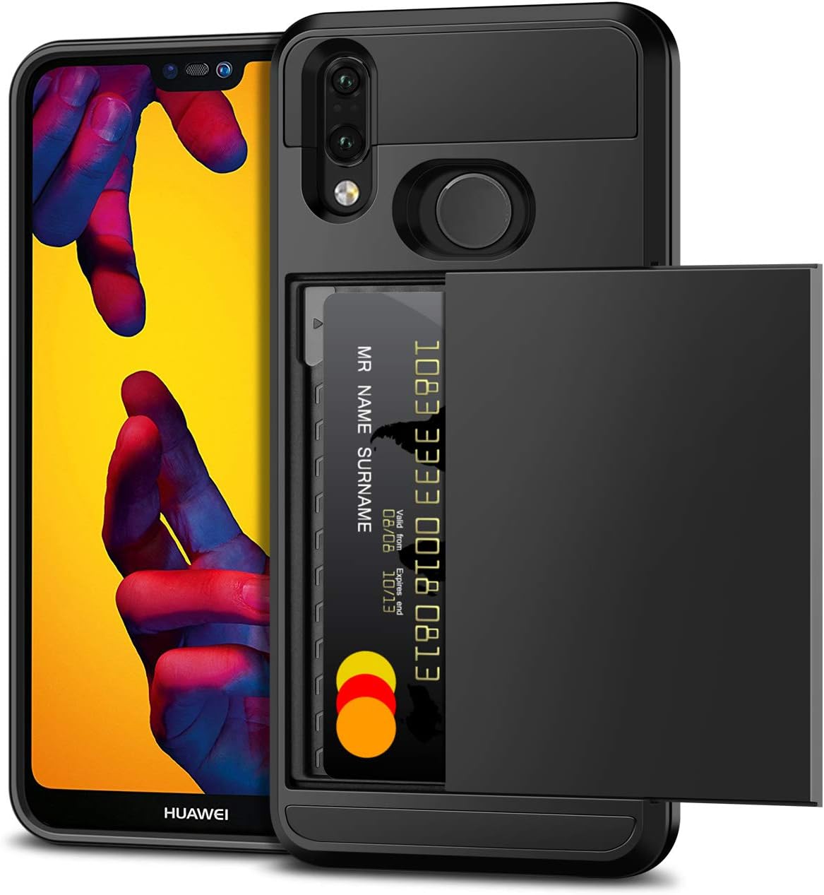 VUNAKE for Huawei P20 Lite Case, [Card Slot] Armor Shockproof Huawei P20 Lite Case Wallet Case Protection Card Holder Rubber Bumper Protective Cover Credit Card Case for Huawei P20 Lite (Black)