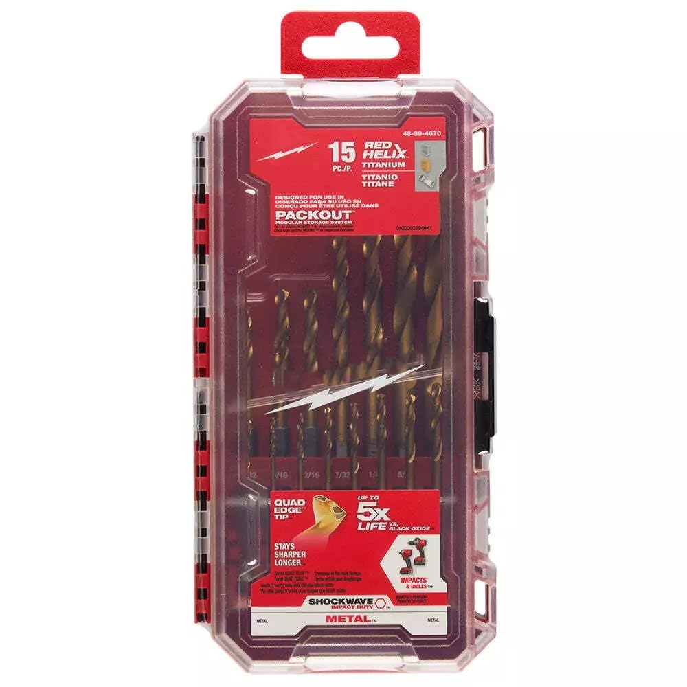 48-89-4670 for Milwaukee Shockwave RED Helix Titanium Drill Bit Set - 15 PC,Length10.39 in