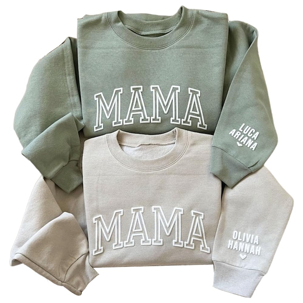 IZI POD Personalized Mama Sweatshirt, Custom Name on Sleeve, Puff Letters Embossed Lettering, Gift for Mom, Birthday, Christmas