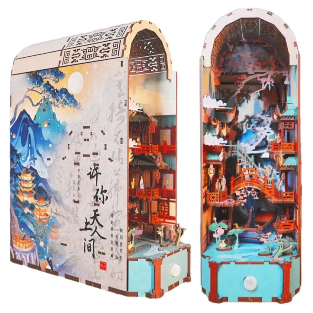 SXDMOUBK Traditional Chinese Poetry Art DIY Book Nook - Mountain and Water Landscape - 3D Puzzle, Handcrafted Bookend for Adult