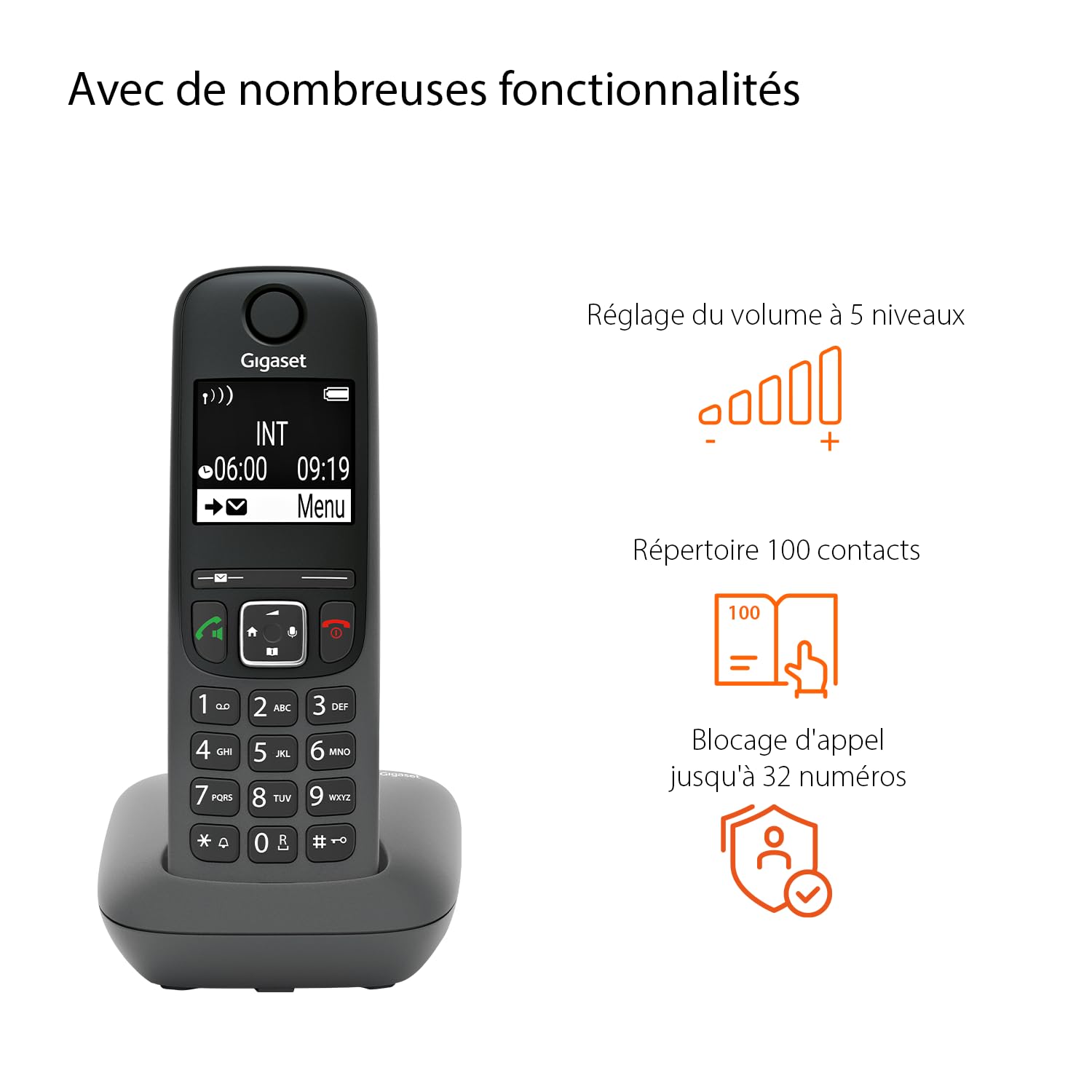 Gigaset A695 téléphone DECT sans fil grand écran fort contraste qualité audio mains libres gris