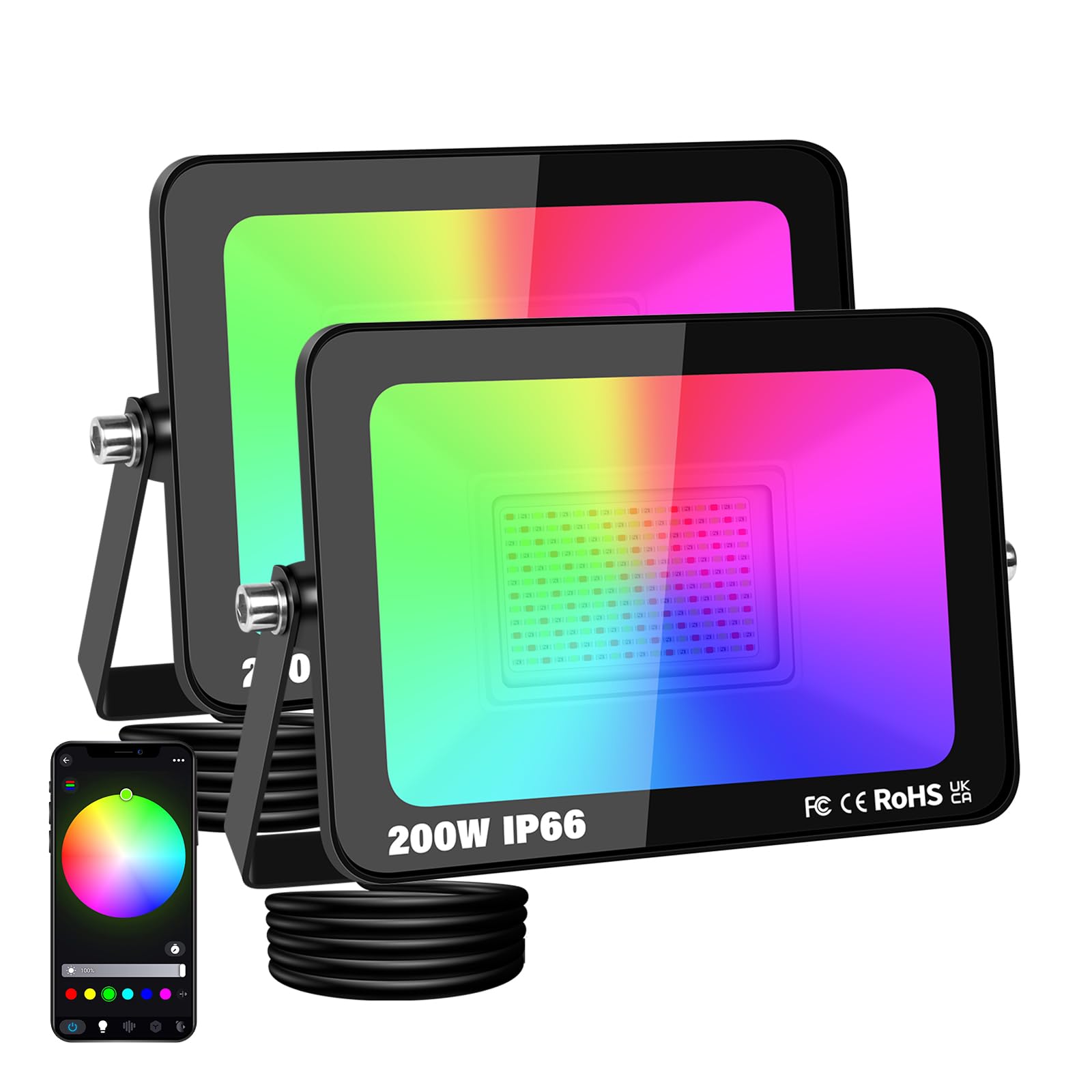 PICAA 200W Smart RGB LED Floodlight, 20000LM Outdoor +16 Million Colors, Wireless APP Control, Music Sync, Timer, Scene Modes