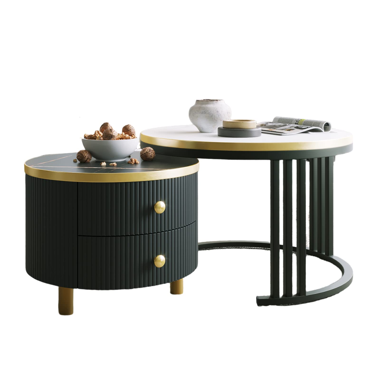 RUNOLIG Nesting Coffee Tables, Round Coffee Table with Marble Effect Top, Gold Coffee Table with 2 Storage Drawers and Metal Frame, Coffee Table Combo for Living Room, Home Office, Apartment (Black)