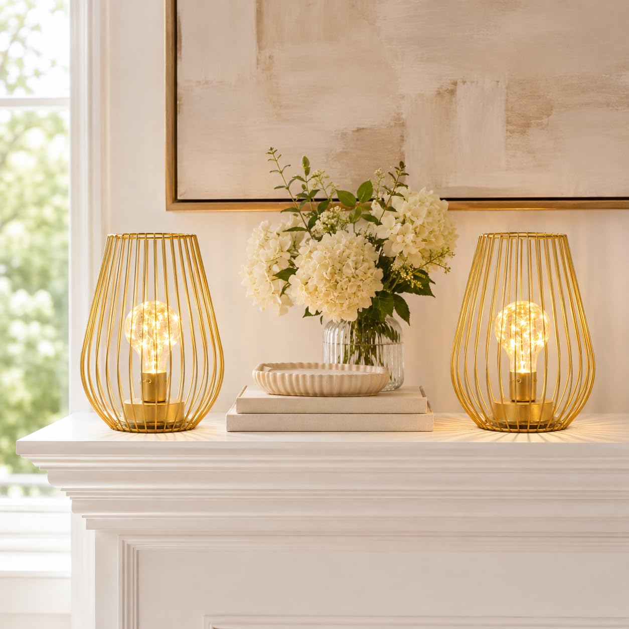 TRIROCKS Set di 2 lampade da tavolo senza fili in metallo, altezza 20 cm, a forma di gabbia, alimentate a batteria, per interni ed esterni, per Natale, giardino e matrimoni (oro)
