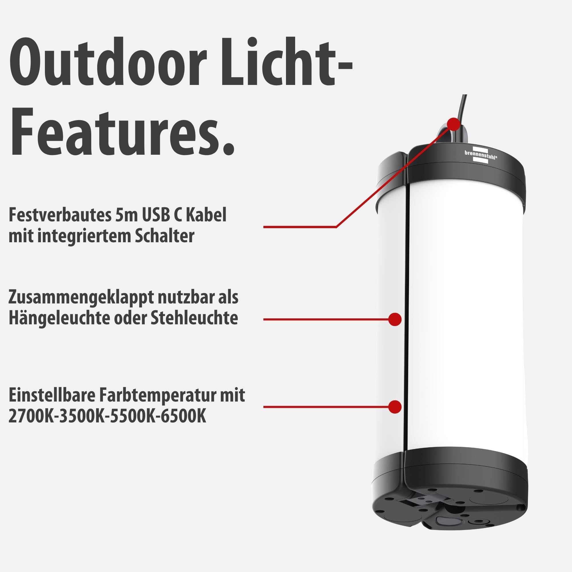 Brennenstuhl LED Vorzeltleuchte VL 500 (Hänge- und Stehlampe, 550lm, 5m USB C Kabel mit Schalter, IP54, dimmbar, Campinglampe mit Farbtemperaturstufen 2700K-6500K)