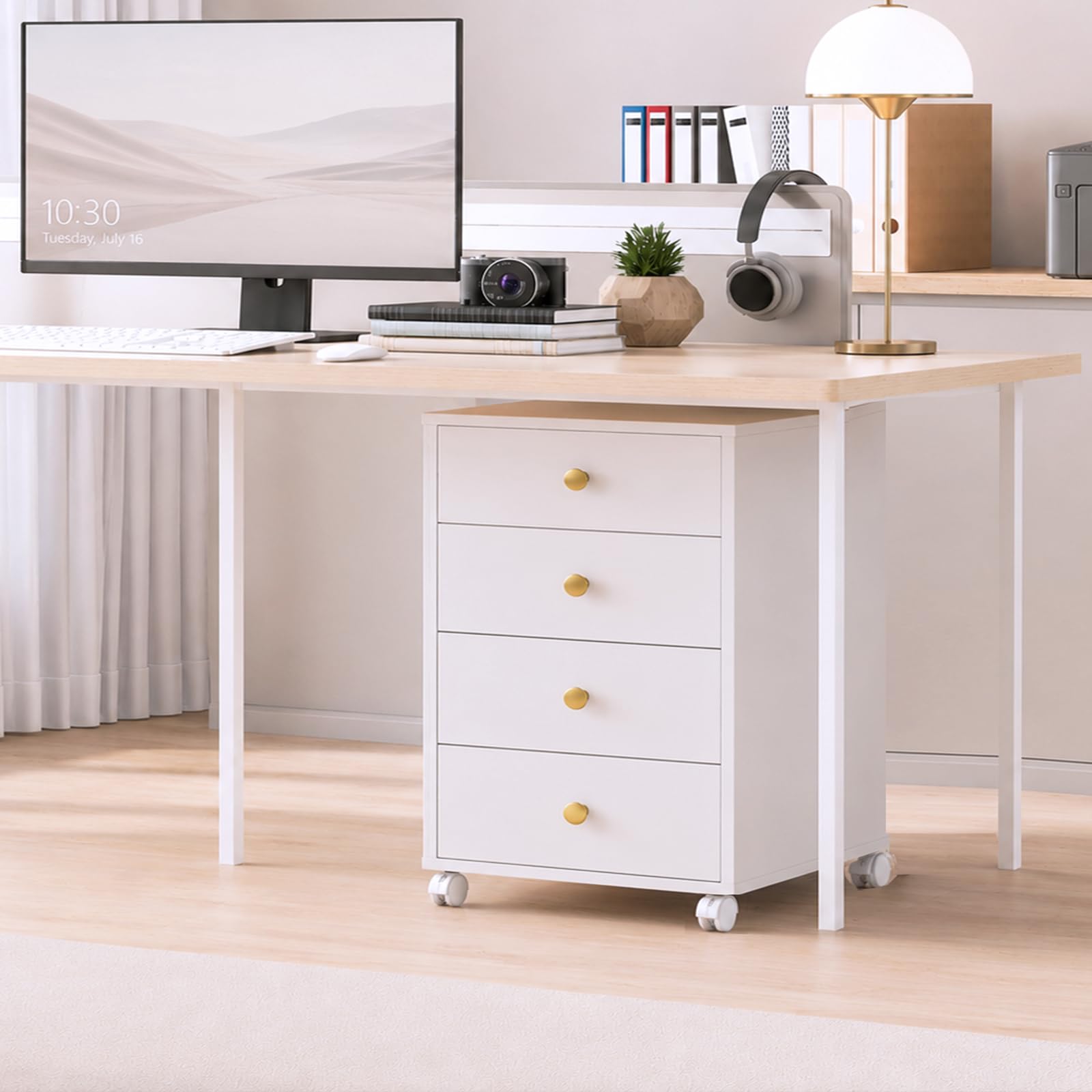 Rollcontainer mit 4 Schubladen, Mobiler Aktenschrank mit Rädern, Druckerständer, Aktenschrank mit Glasplatte, für Homeoffice, Büro, 40 x 30 x 50 cm, Weiß