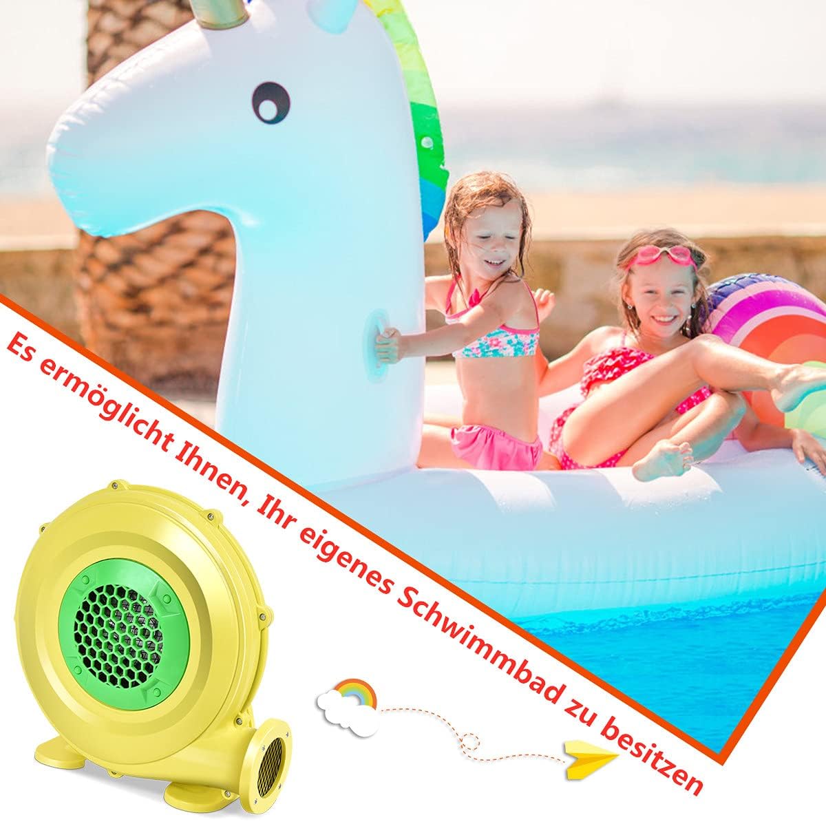 RELAX4LIFE Soplador de Aire 350/450/680 W, 220-240 V, Soplador Eléctrico con Gran Base, Ventilador Eléctrico con Cable de Alimentación 380cm para Castillo Hinchable (580 m³/h, 1500 Pa 350 W)