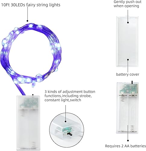 Miniatura 7 de Mandiq Paquete de 4 luces de hadas que funcionan con pilas, tira de luces de 10 pies, 30 LED, modo de luz intermitente y constante, mini luces de