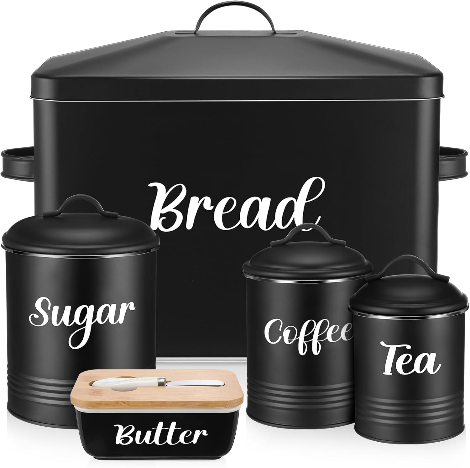 Extra Large Bread Box for Kitchen Counter Farmhouse, Metal Bread Bin and Ceramic Butter Dish with Lid and Knife, 3 Airtight Rustic Canister Containers Set for Sugar Coffee Tea(White)