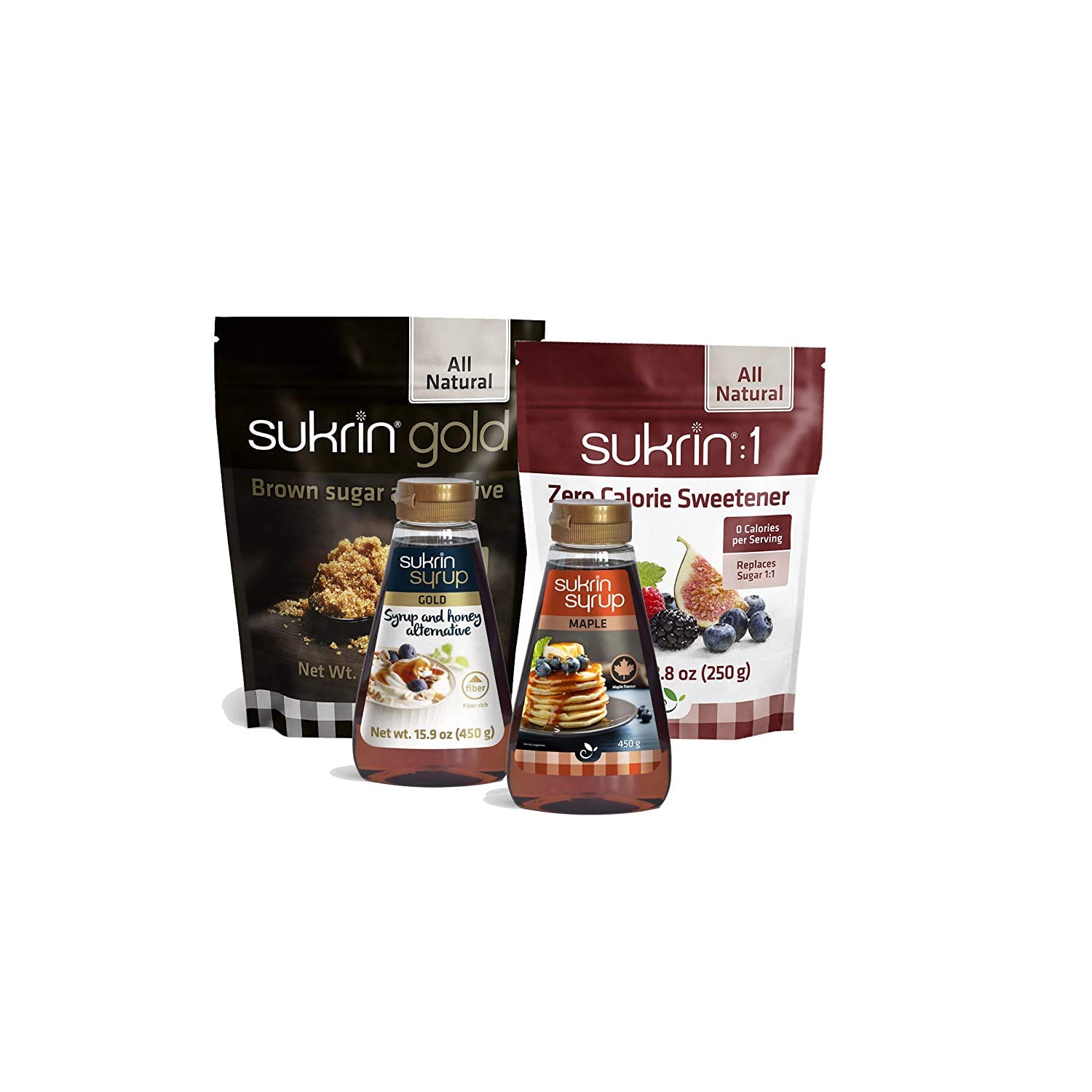 Sukrin Sweetener Kits - Low Calorie and Low Carb - Keto Friendly, Gluten-Free and No Added Sugars - Syrup and Sugar Alternatives (Gold, Sukrin:1, Syrup Gold, Maple Syrup)